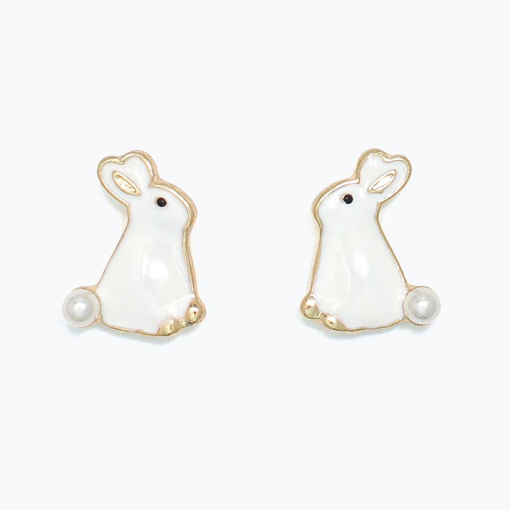 Pair of rabbit-shaped earrings with pearl details on a white background. Available at Be Charmed