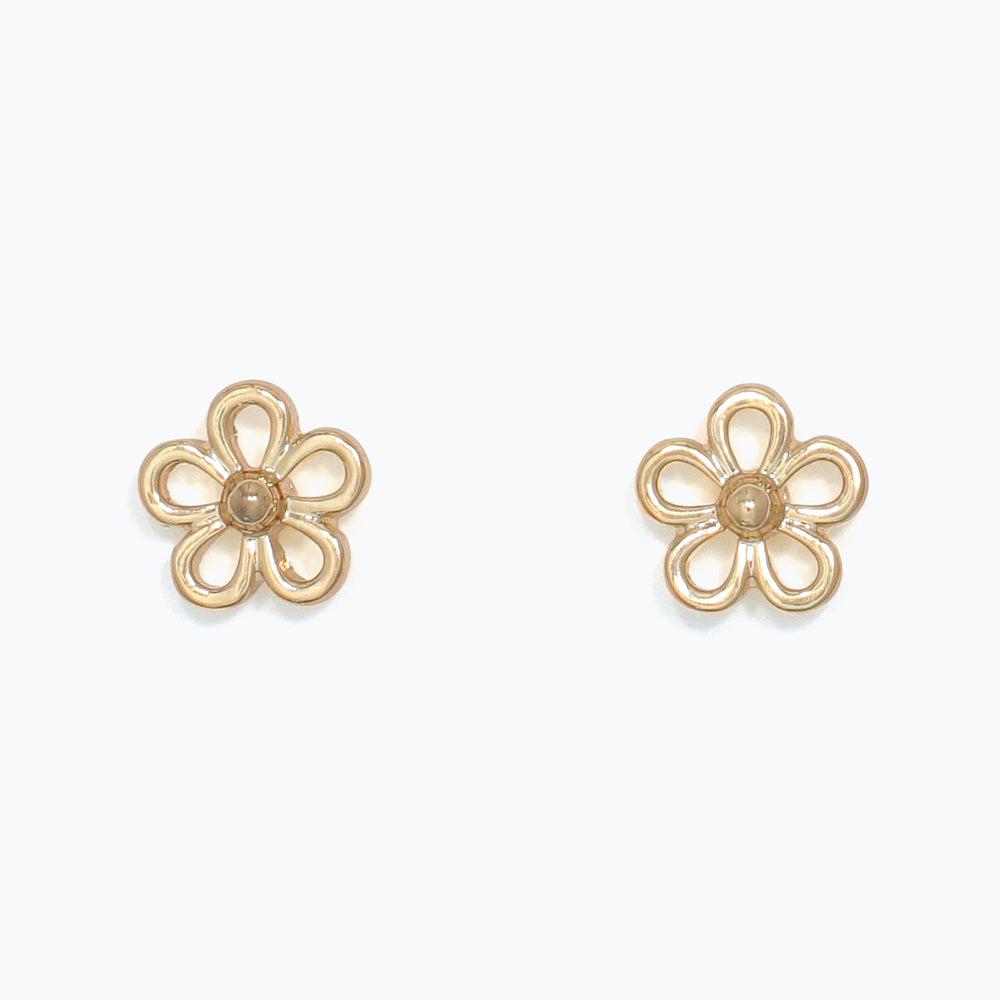 Pair of gold flower-shaped earrings on a white background. Available at Be Charmed