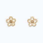 Pair of gold flower-shaped earrings on a white background. Available at Be Charmed
