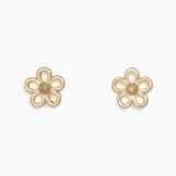 Pair of gold flower-shaped earrings on a white background. Available at Be Charmed