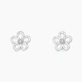 Pair of silver flower-shaped earrings on a white background. Available at Be Charmed