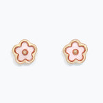 Pair of pink flower-shaped earrings with gold accents on a white background. Available at Be Charmed