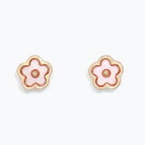 Pair of pink flower-shaped earrings with gold accents on a white background. Available at Be Charmed
