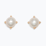 Pair of pearl earrings with gold accents on a white background. Available at Be Charmed