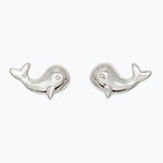 Pair of silver whale-shaped earrings on a white background. Available at Be Charmed