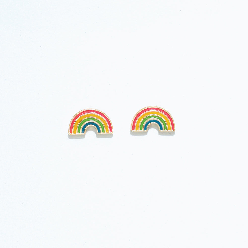 Cuties enamel rainbow stud earrings featuring vibrant multicolor enamel stripes on gold-tone hypoallergenic studs. Fun and lightweight accessory. Available at Be Charmed