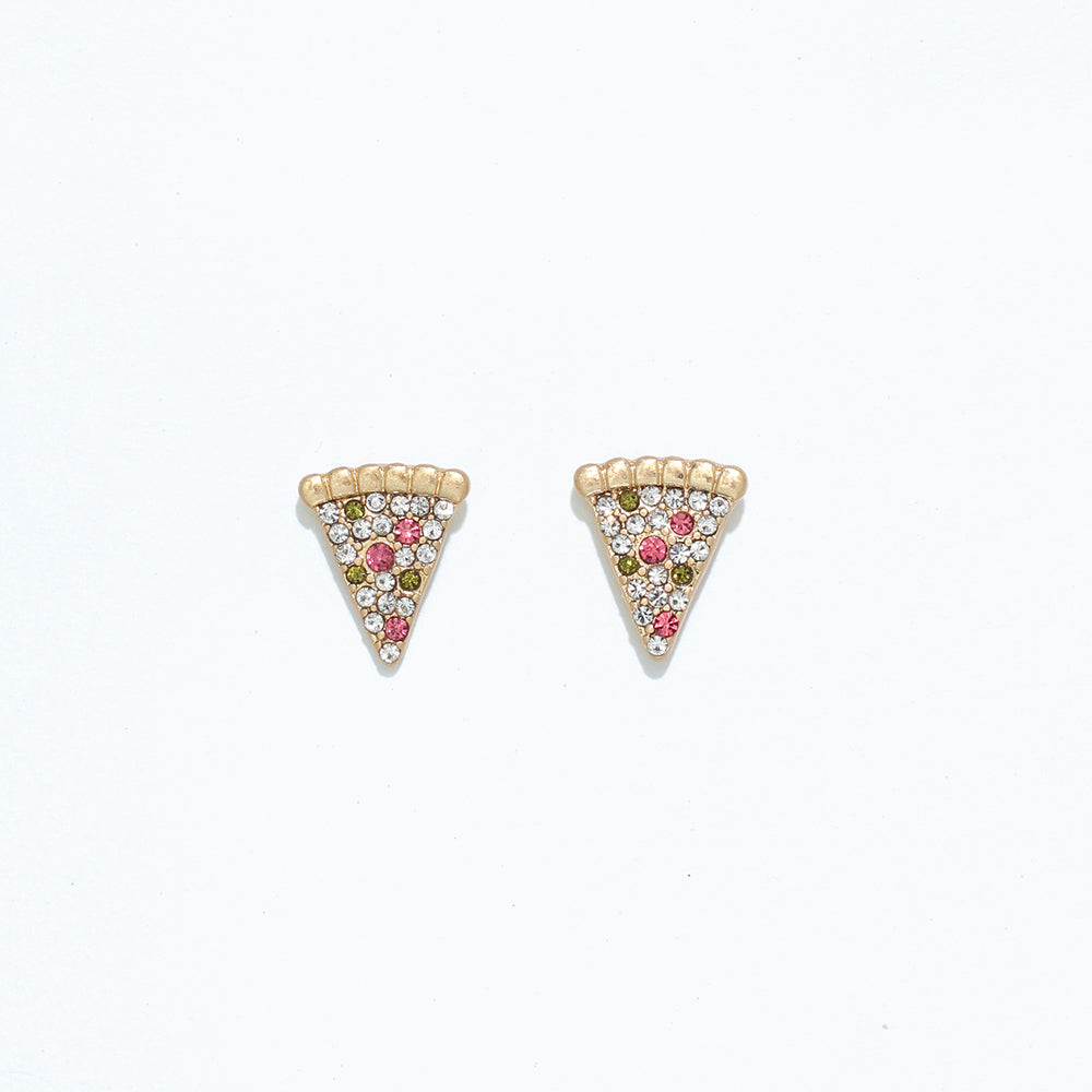 A pair of pizza slice-shaped earrings with crystal embellishments on a white background. Available at Be Charmed