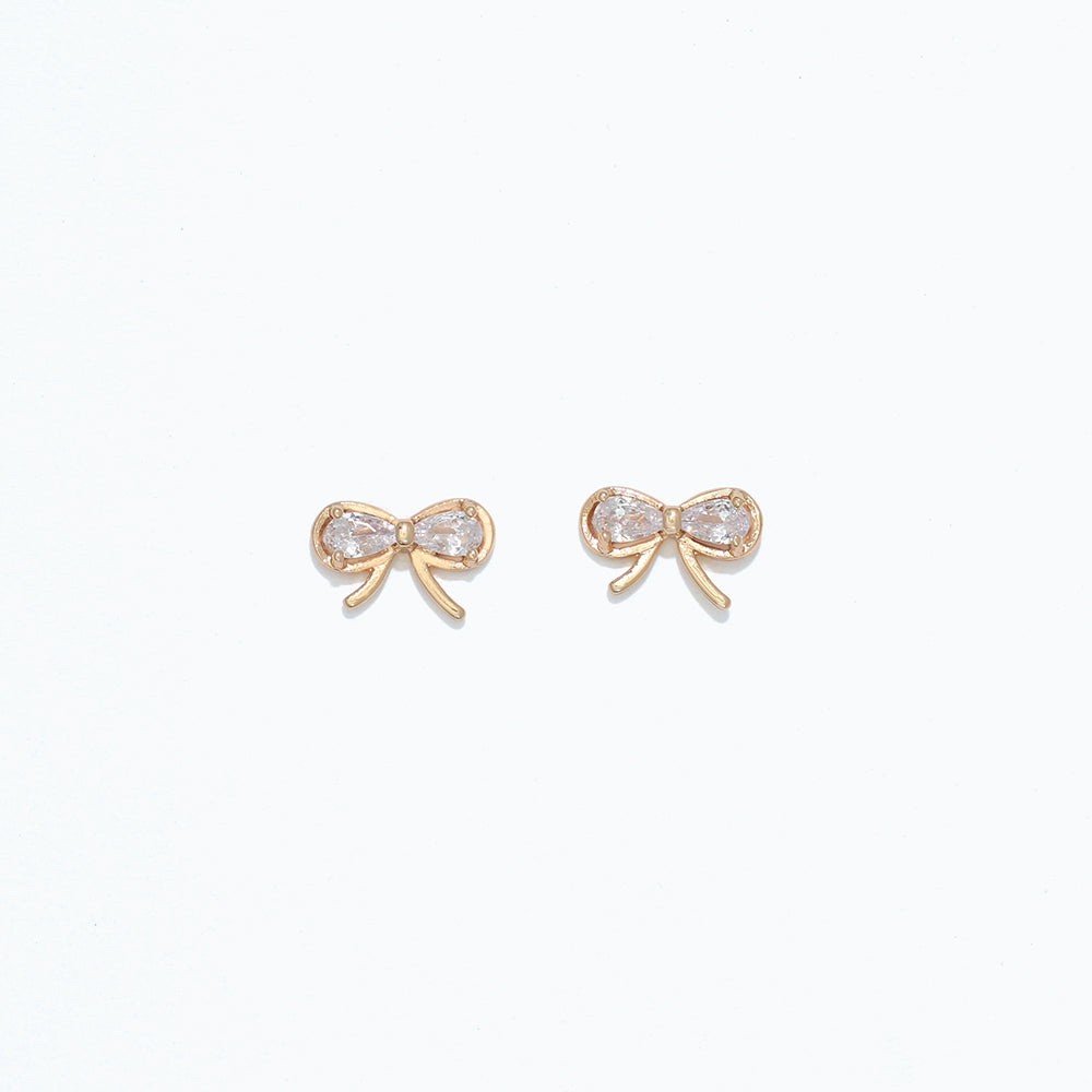 Gold Cuties CZ Bow Stud Earrings in sparkling cubic zirconia with hypoallergenic stainless‑steel posts—Available at Be Charmed