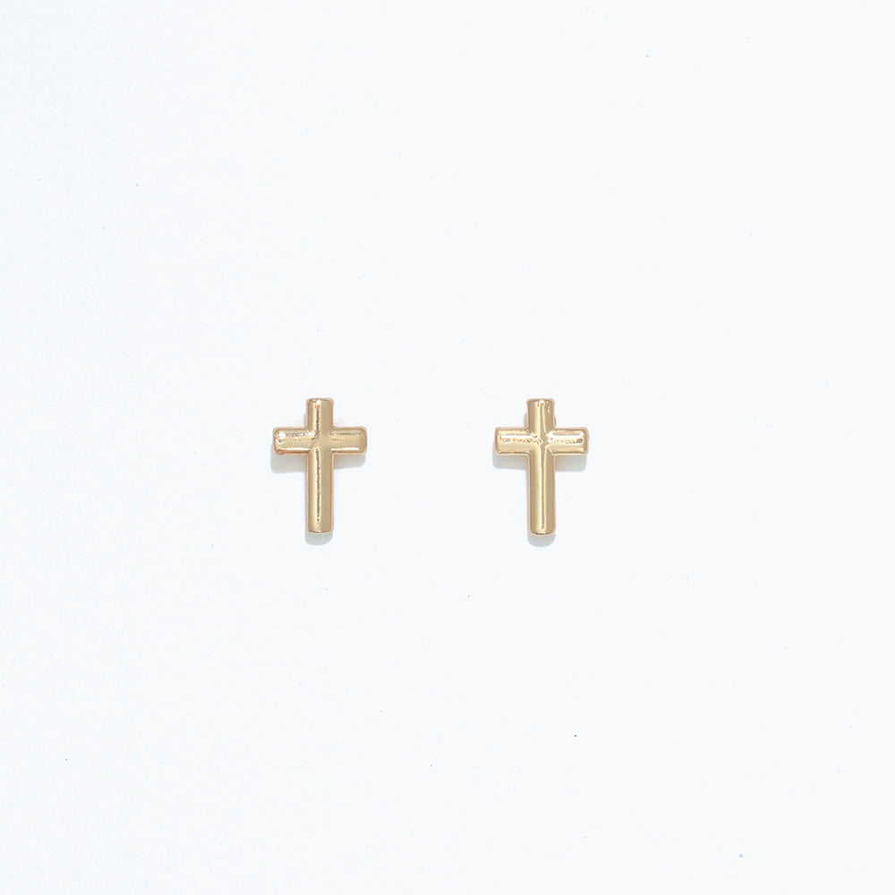 Gold Cuties Cross Stud Earrings in polished silver-tone metal with hypoallergenic posts—small, minimalist faith crosses—Available at Be Charmed