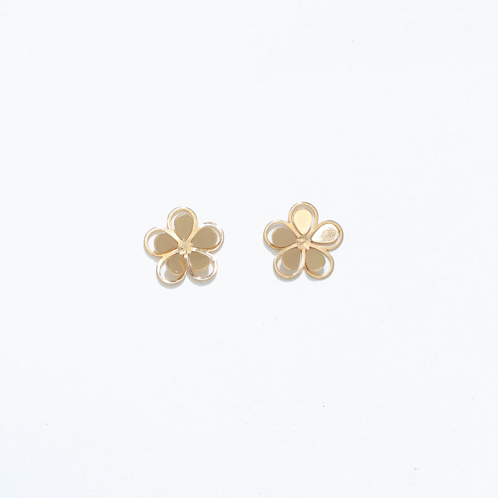 Cuties gold-tone cutout flower stud earrings featuring delicate floral openwork design on hypoallergenic posts. Elegant and lightweight. Available at Be Charmed