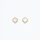A pair of pearlized clover design earrings on a white background. Available at Be Charmed