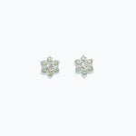 A pair of crystal flower earrings with pink petals and a central clear crystal, on a white background. Available at Be Charmed