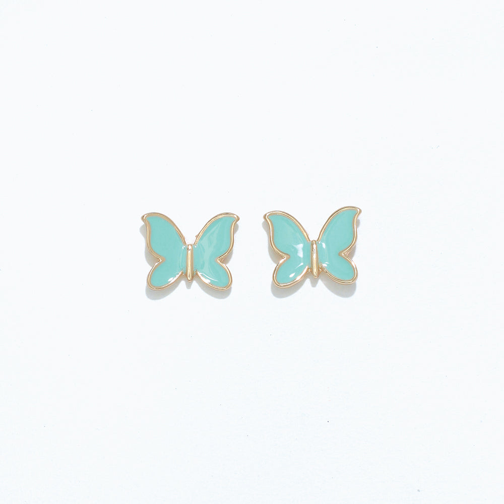 Cuties mint enamel butterfly stud earrings with vibrant mint green enamel and gold-tone hypoallergenic posts. Lightweight and playful accessory. Available at Be Charmed