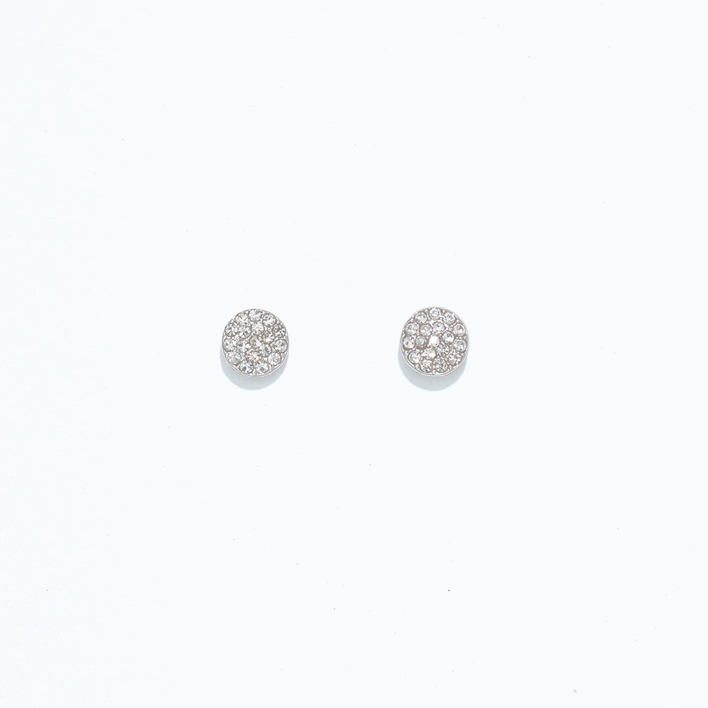A pair of round earrings with a pave crystal design, presented against a white background. Available at Be Charmed