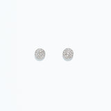 A pair of round earrings with a pave crystal design, presented against a white background. Available at Be Charmed