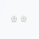 A pair of pearlized flower design hypoallergenic stainless steel post earrings. Available at Be Charmed