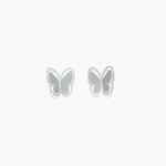 Cuties silver cutout butterfly stud earrings with delicate openwork design, hypoallergenic and lightweight. Available at Be Charmed