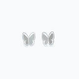 Cuties silver cutout butterfly stud earrings with delicate openwork design, hypoallergenic and lightweight. Available at Be Charmed