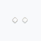 A pair of pearlized clover design earrings on a white background. Available at Be Charmed