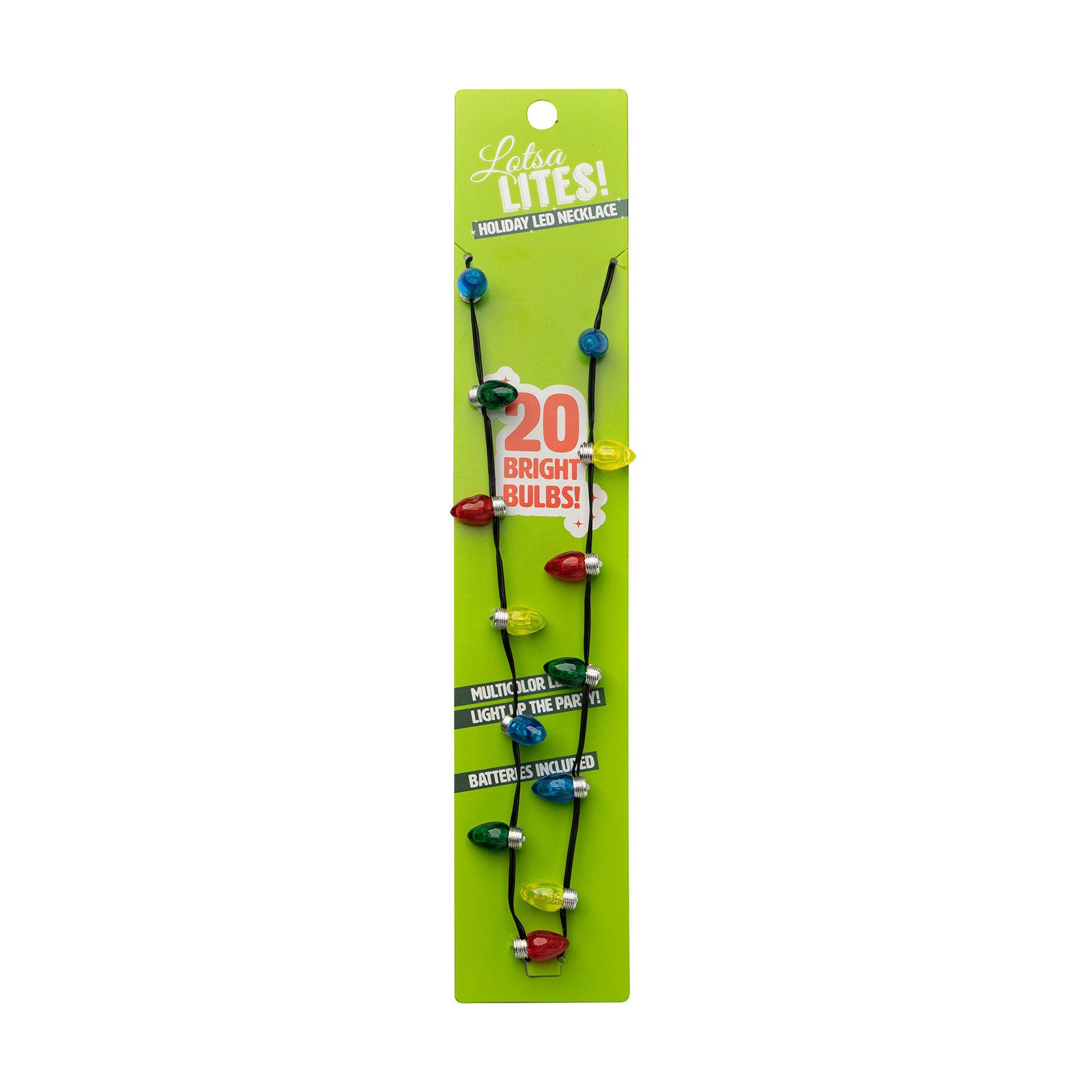 DM Losta Light Bulb Necklace on card with 20 tiny lights – festive, fun accessory for parties or gifting, available at Be Charmed.