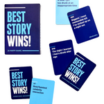 A collection of blue-colored 'Best Story Wins' game cards spread out, with various humorous prompts written on them, such as 'A time I got in trouble', 'A celebrity encounter', and 'A dumb thing I did'. The game is designed for party games and interaction.