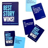 A collection of blue-colored 'Best Story Wins' game cards spread out, with various humorous prompts written on them, such as 'A time I got in trouble', 'A celebrity encounter', and 'A dumb thing I did'. The game is designed for party games and interaction.