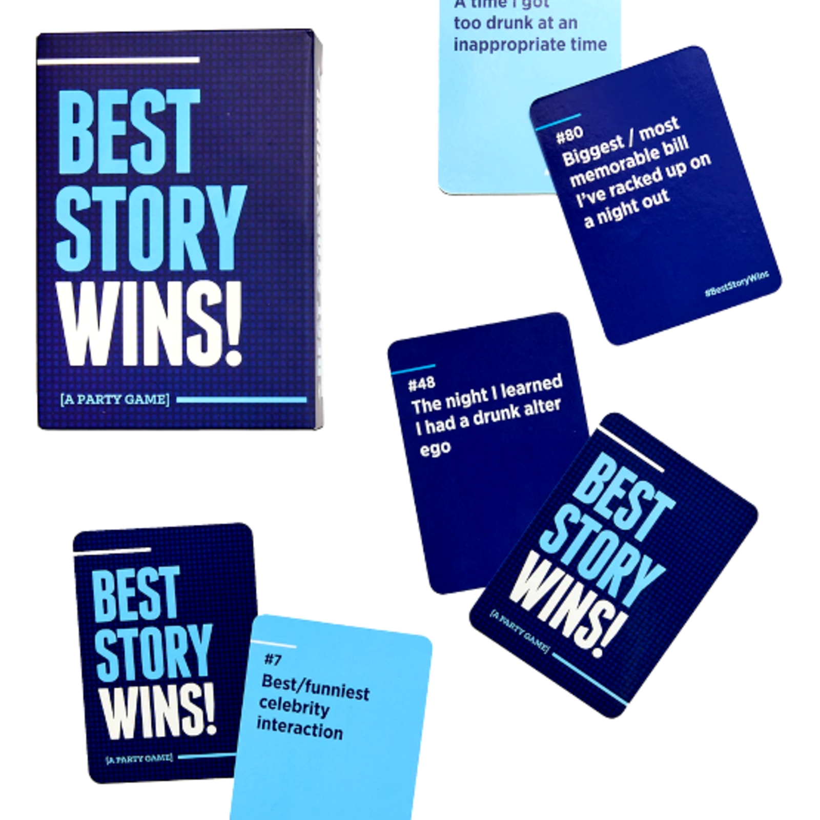 A collection of blue-colored 'Best Story Wins' game cards spread out, with various humorous prompts written on them, such as 'A time I got in trouble', 'A celebrity encounter', and 'A dumb thing I did'. The game is designed for party games and interaction.