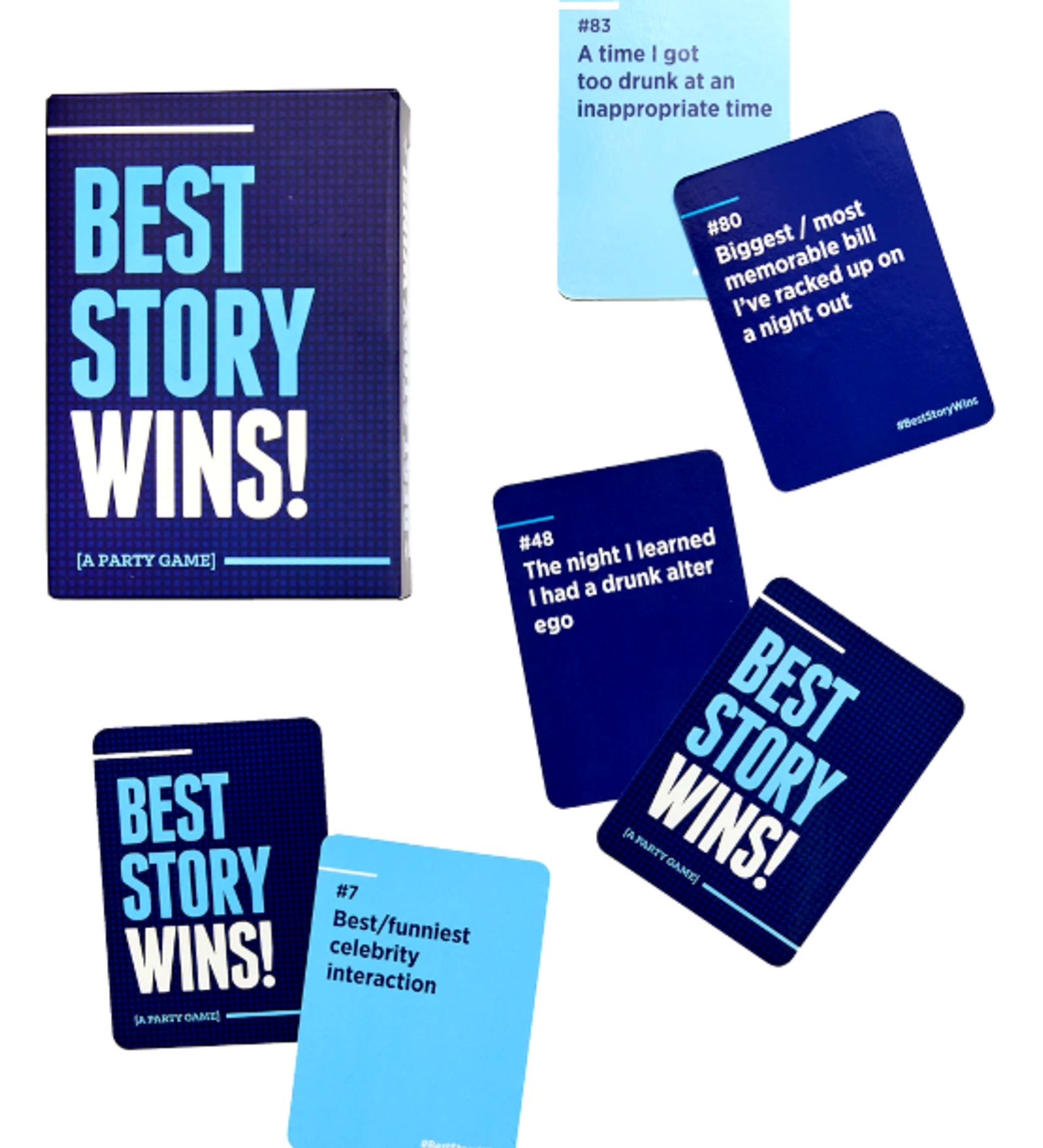 A collection of blue-colored 'Best Story Wins' game cards spread out, with various humorous prompts written on them, such as 'A time I got in trouble', 'A celebrity encounter', and 'A dumb thing I did'. The game is designed for party games and interaction.