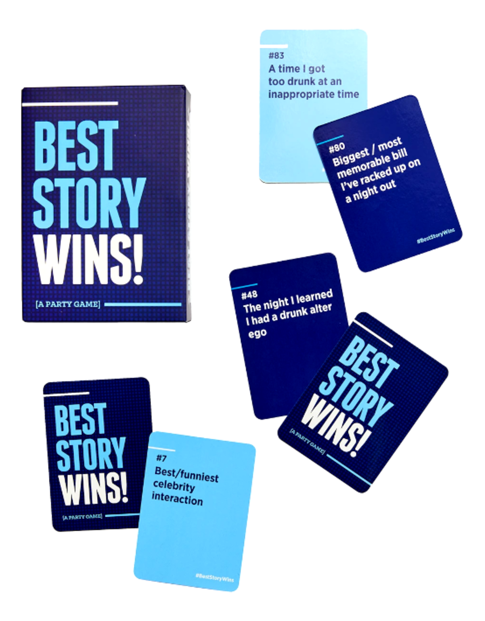 A collection of blue-colored 'Best Story Wins' game cards spread out, with various humorous prompts written on them, such as 'A time I got in trouble', 'A celebrity encounter', and 'A dumb thing I did'. The game is designed for party games and interaction.