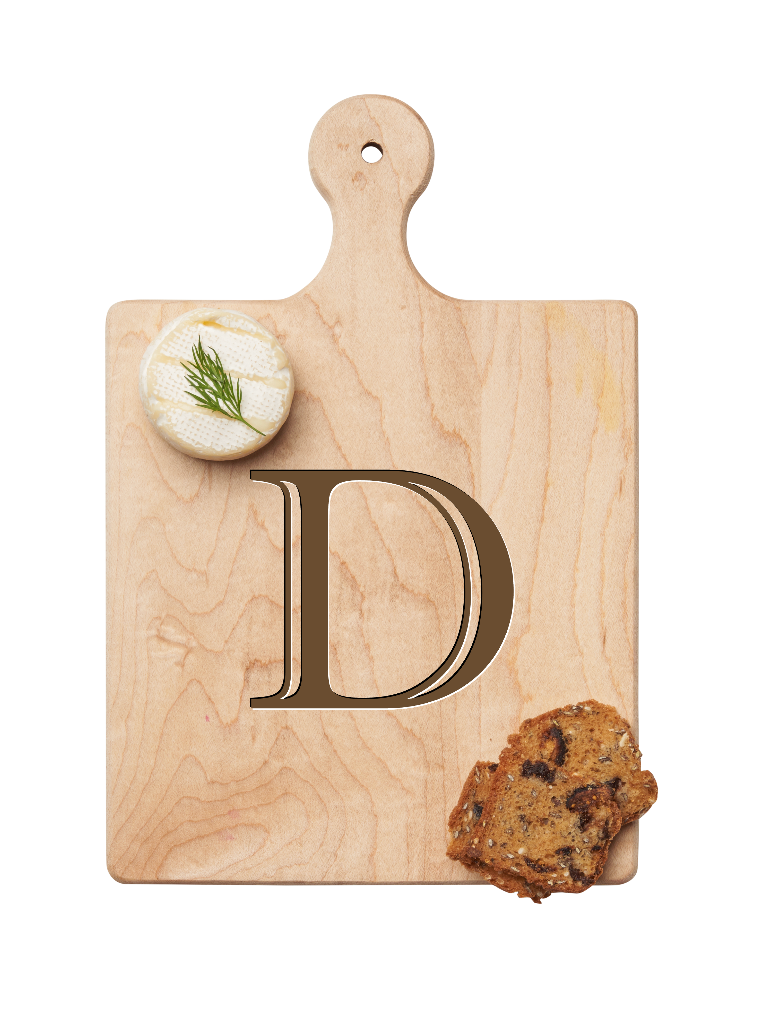 Maple Leaf 9x6 Initial Board D with Spreader. Personalized wooden serving board with monogram design. Perfect gift. Available at Be Charmed.