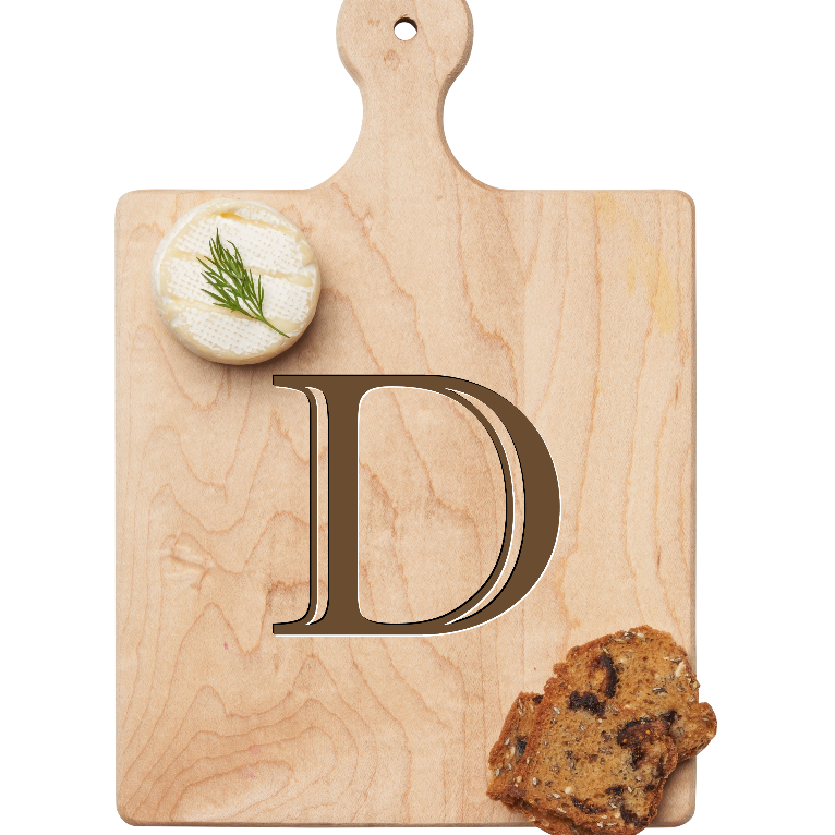 Maple Leaf 9x6 Initial Board D with Spreader. Personalized wooden serving board with monogram design. Perfect gift. Available at Be Charmed.