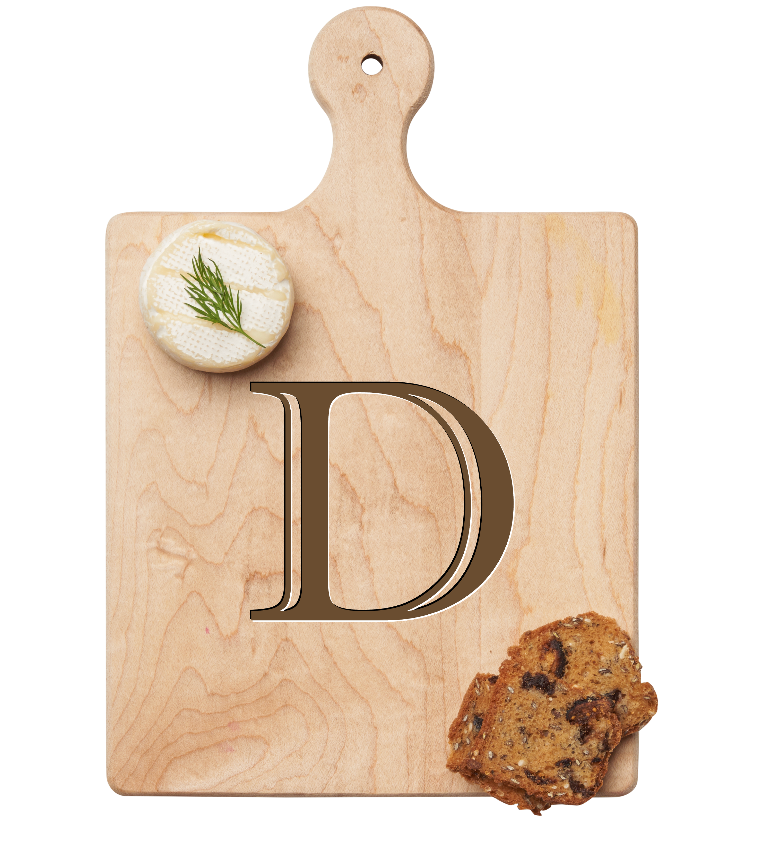 Maple Leaf 9x6 Initial Board D with Spreader. Personalized wooden serving board with monogram design. Perfect gift. Available at Be Charmed.