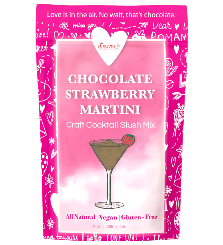 D'Marie Chocolate Strawberry Martini Slush Mix pouch, a rich dessert cocktail mix to blend with vodka and freeze. Sweet and indulgent. Available at Be Charmed