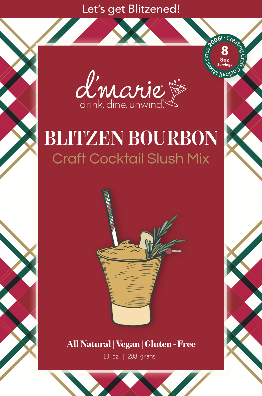 d'marie Blitzen Bourbon cocktail mix packaging on a patterned background. Available at Be Charmed.  