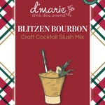 d'marie Blitzen Bourbon cocktail mix packaging on a patterned background. Available at Be Charmed.  