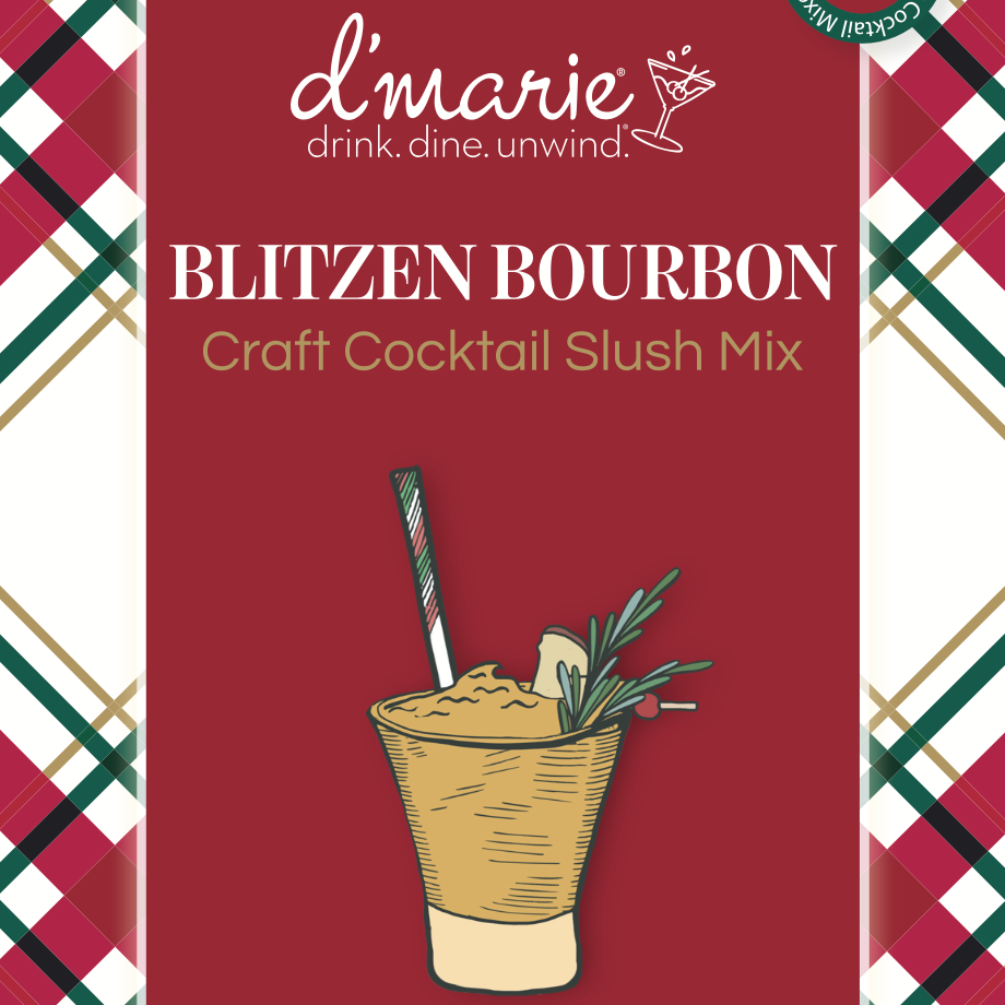 d'marie Blitzen Bourbon cocktail mix packaging on a patterned background. Available at Be Charmed.  
