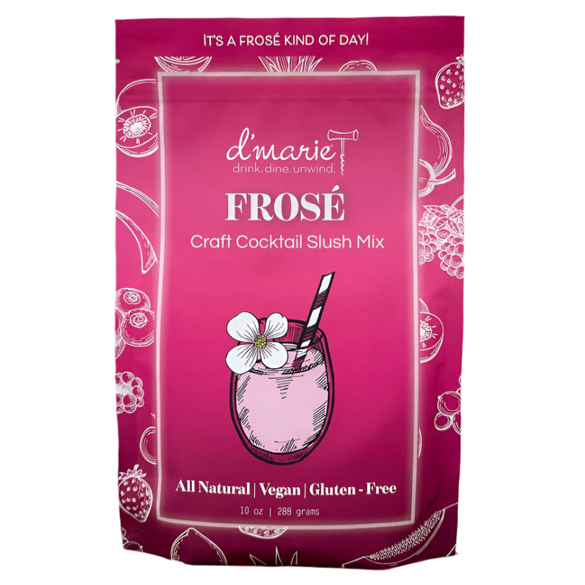D'Marie Frosé Slush Mix pouch featuring fruity pink design—craft cocktail mix to combine with rosé wine and freeze. Light, refreshing, and easy. Available at Be Charmed