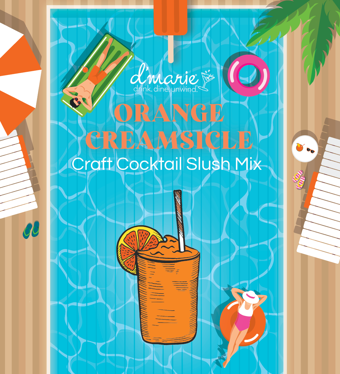 D'Marie Orange Creamsicle Slush Mix pouch with bright citrus design—craft cocktail mix for a creamy orange vodka slush. Refreshing and nostalgic. Available at Be Charmed