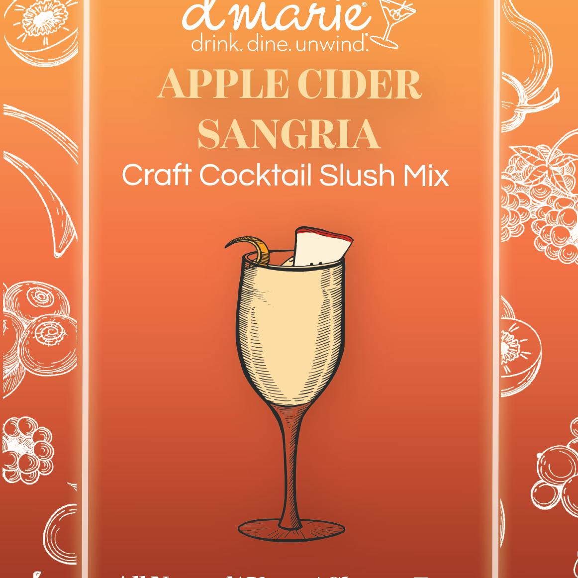 D'marie Apple Cider Sangria cocktail mix package on an orange background with illustrations of fruits and a glass. Available at Be Charmed
