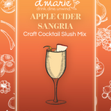 D'marie Apple Cider Sangria cocktail mix package on an orange background with illustrations of fruits and a glass. Available at Be Charmed