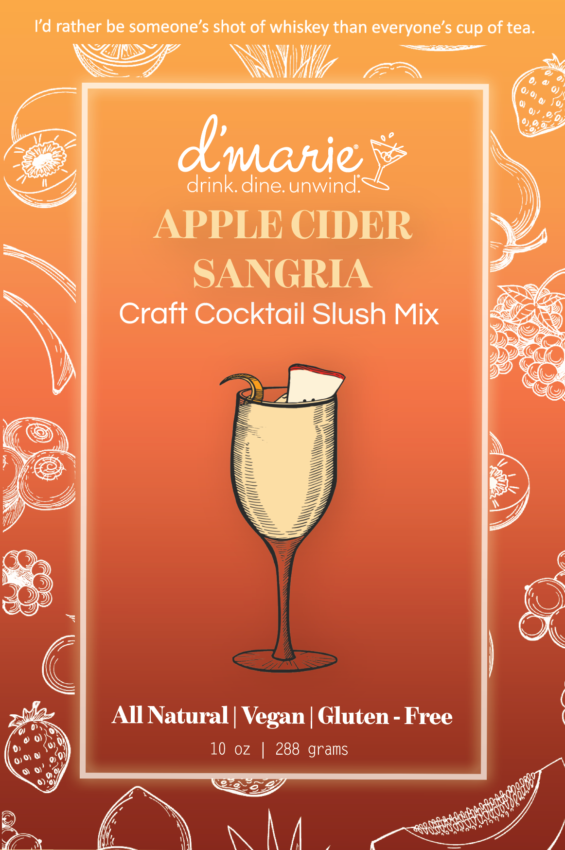 D'marie Apple Cider Sangria cocktail mix package on an orange background with illustrations of fruits and a glass. Available at Be Charmed