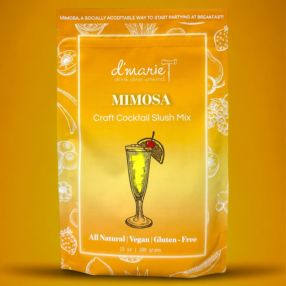D'marie Mimosa Slush Mix pouch with citrus design, a craft cocktail mix to combine with champagne and freeze. Refreshing and easy. Available at Be Charmed