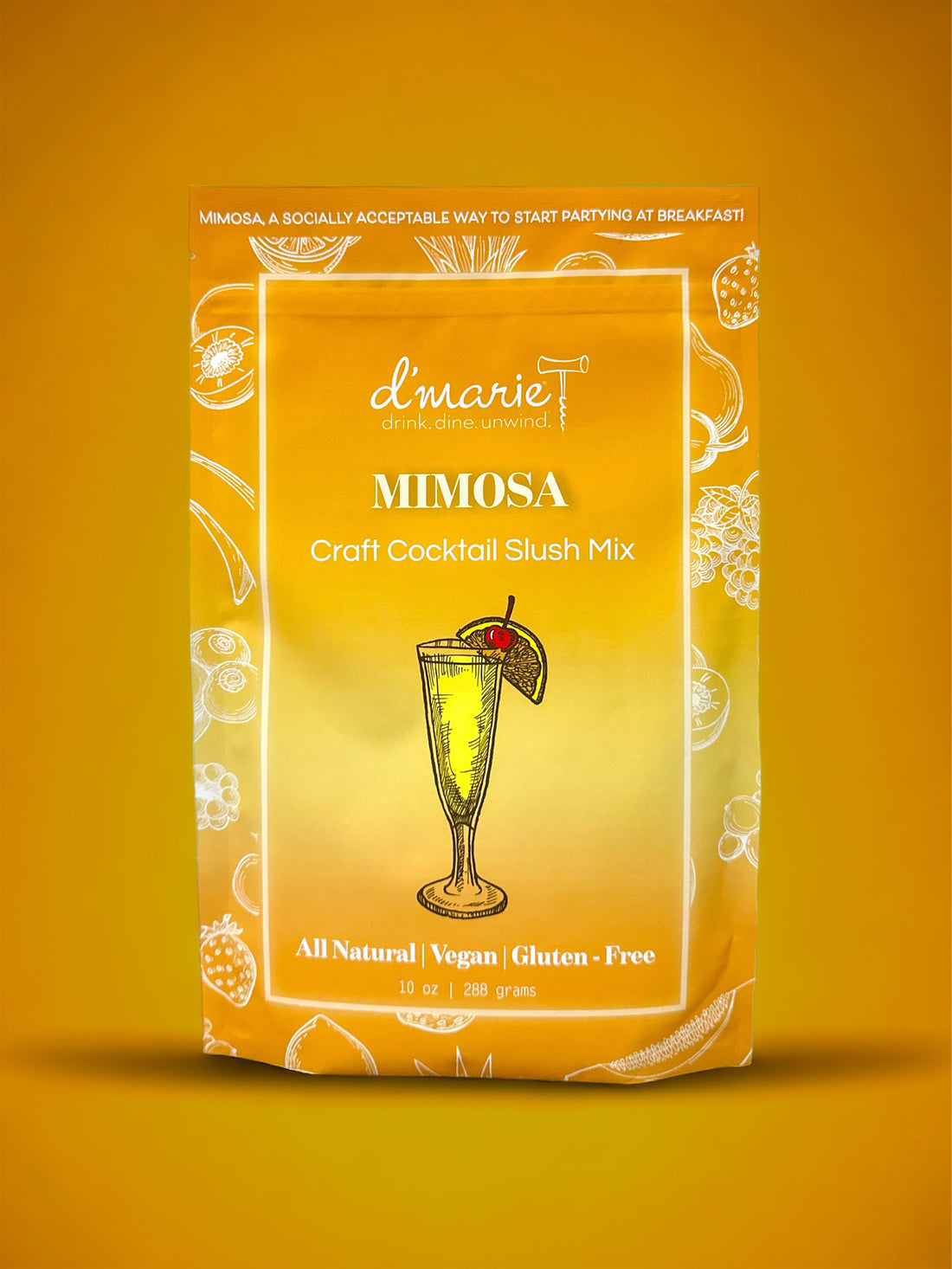 D'marie Mimosa Slush Mix pouch with citrus design, a craft cocktail mix to combine with champagne and freeze. Refreshing and easy. Available at Be Charmed