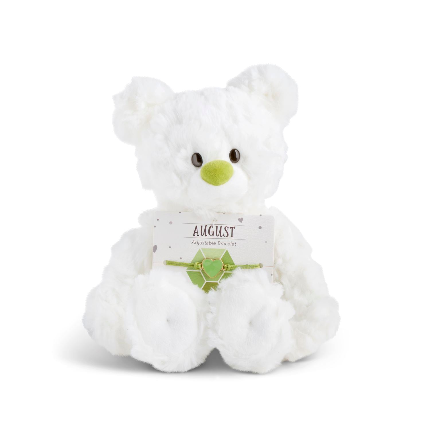 White plush bear with 'August' card with a heart bracelet on a white background. Available at Be Charmed