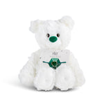 White plush bear with 'may' card with a heart bracelet on a white background. Available at Be Charmed
