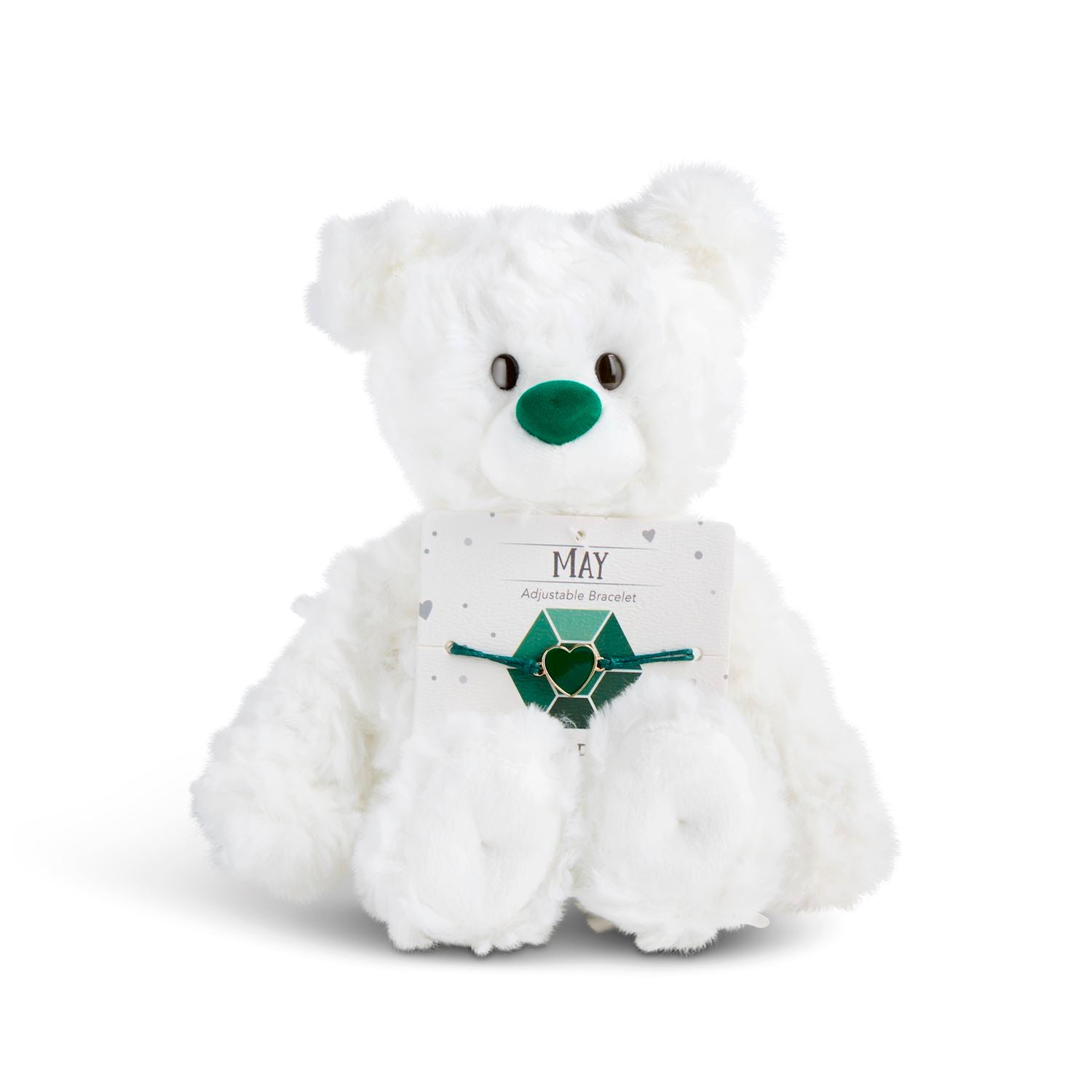 White plush bear with 'may' card with a heart bracelet on a white background. Available at Be Charmed