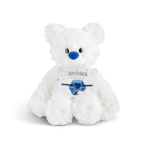White plush bear with 'September' card with a heart bracelet on a white background. Available at Be Charmed
