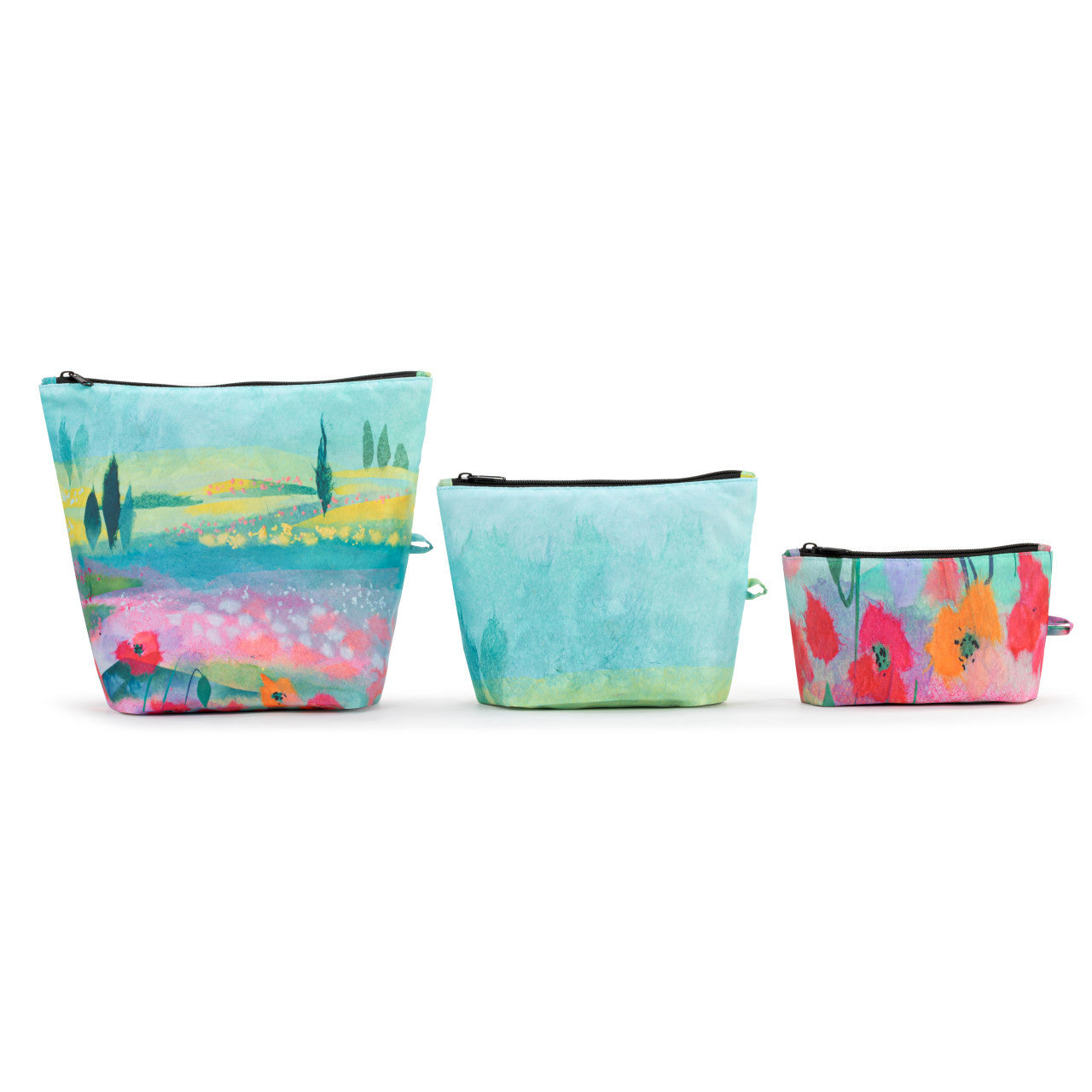 Demdaco ArtLifting Poppy Keshi pouch set by artist Midori, three water‑repellent polyester bags in shades of blue & green—Available at Be Charmed.