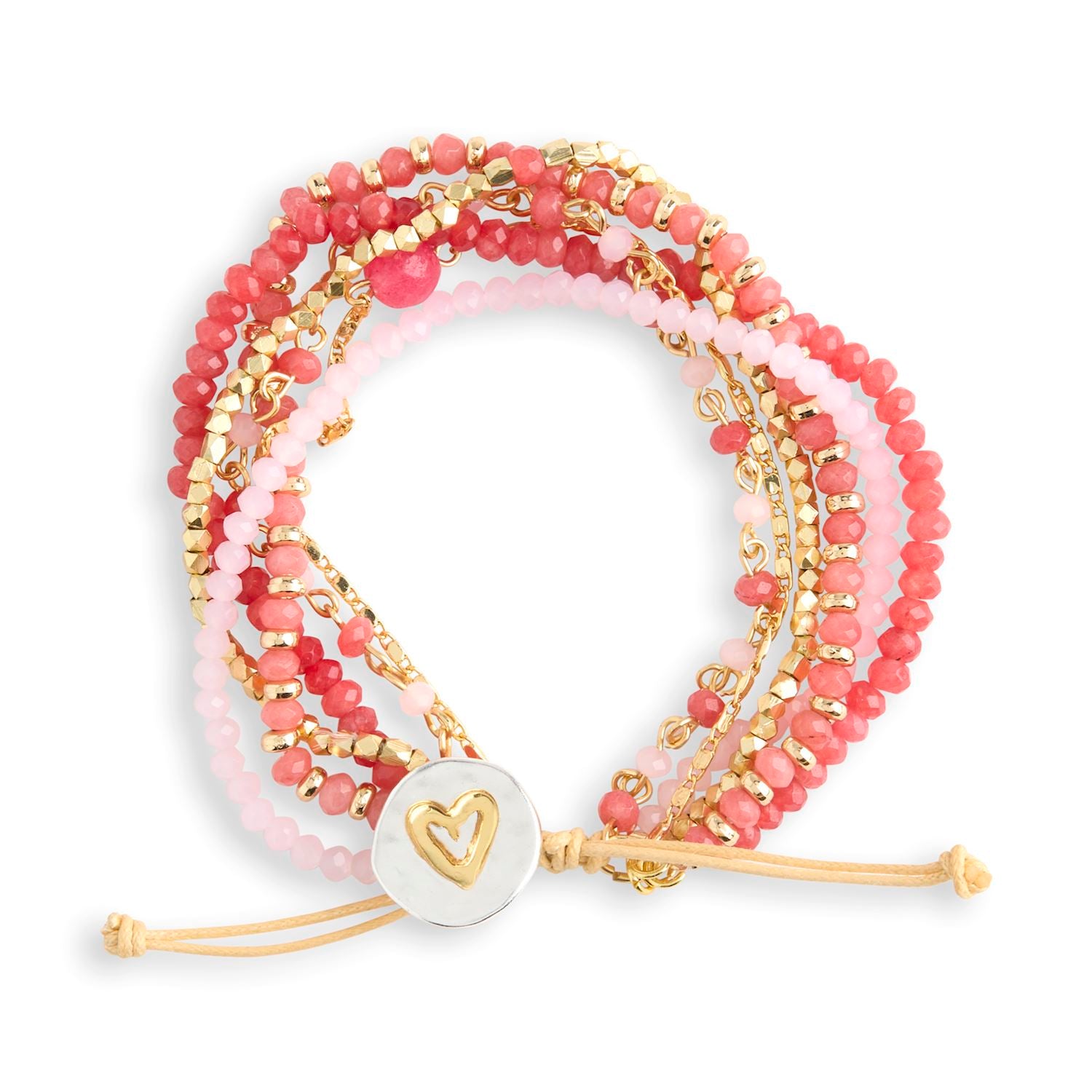 Stack of pink and gold beaded bracelets on a white background. Available at Be Charmed