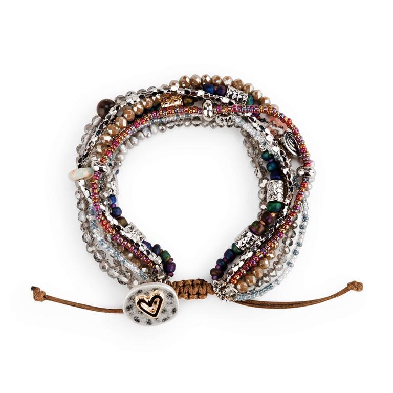 Multistrand gray beaded bracelet with heart charm on a white background. Available at Be Charmed
